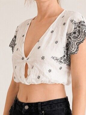 White Embroidered V-Neck Cropped Top